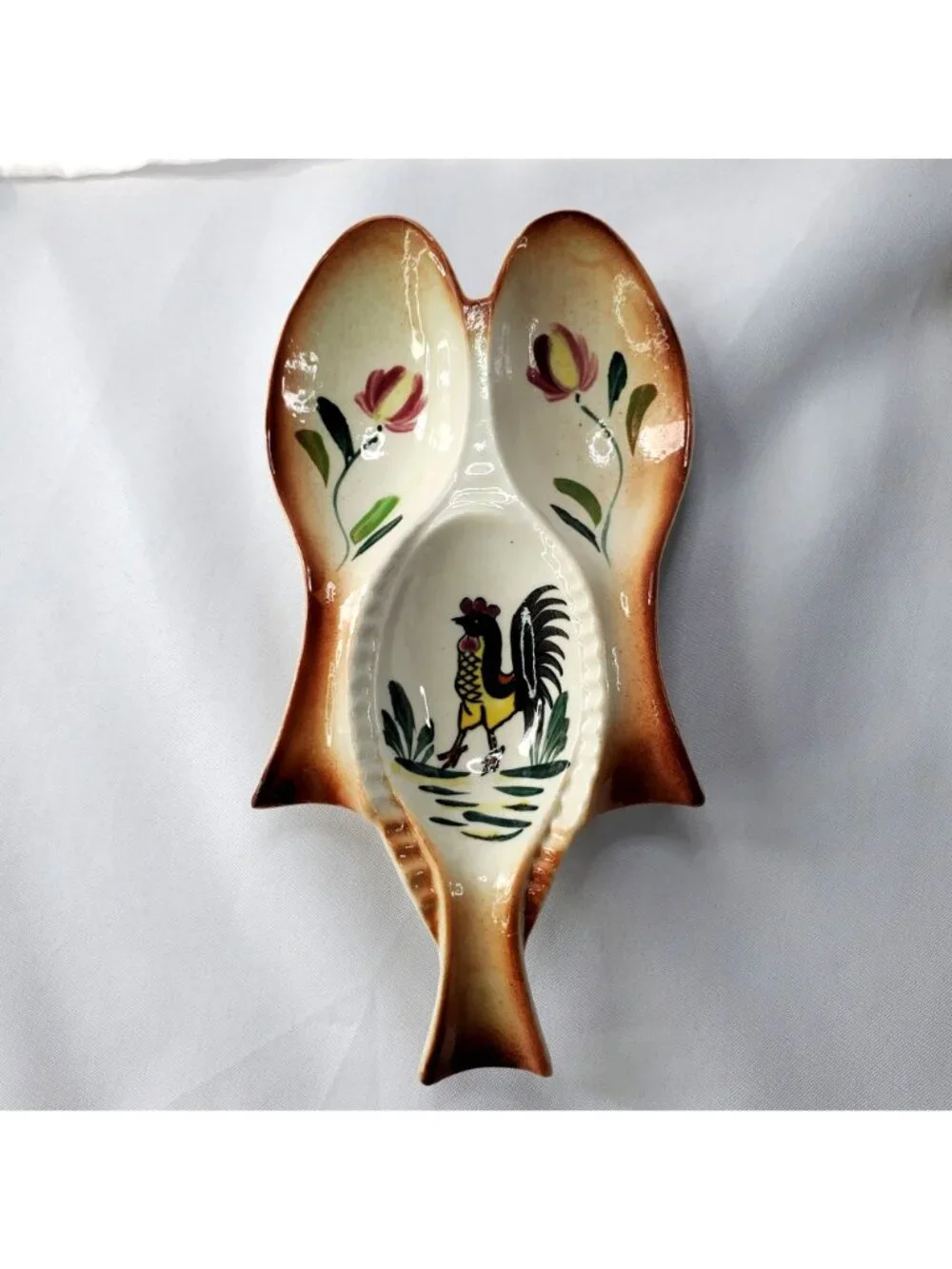 Vintage Hand Painted Ceramic Rooster Chicken Triple Spoon Rest Kitchen Cooking